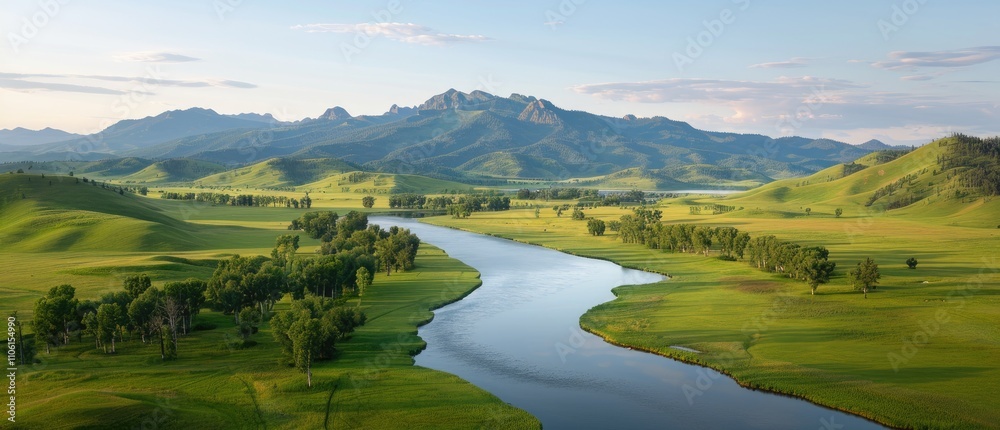 Obraz premium A serene landscape featuring a winding river, lush greenery, and majestic mountains under a clear sky.