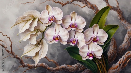 A bouquet of native orchid flowers and two leaves in grisaille style with muted colors and copy space photo