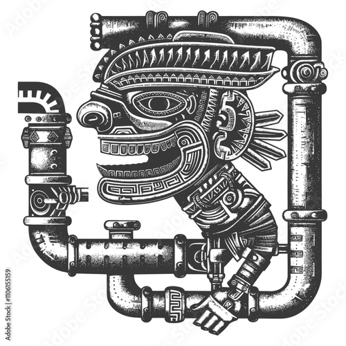 Mayan Inspired Face Integrated Into A Complex Pipe System