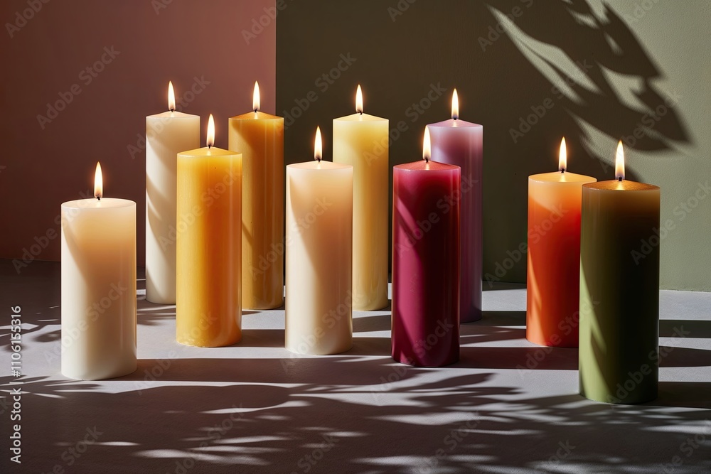 Charming Pillar Candles Casting Illuminated Shadows in a Variety of Colors