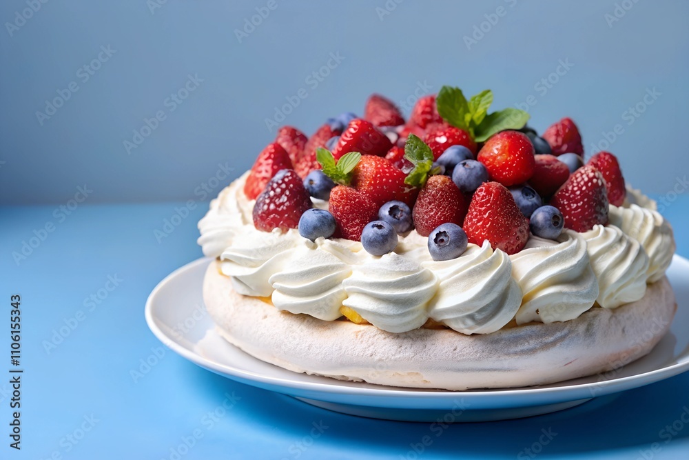 Elegant Pavlova dessert with a crisp meringue base, topped with whipped cream, fresh strawberries, blueberries, and mint leaves. Captured against a minimalistic blue background. Elegant Pavlova dessert with a crisp meringue base, topped with whipped cream, fresh strawberries, blueberries, and mint leaves. Captured against a minimalistic blue background.