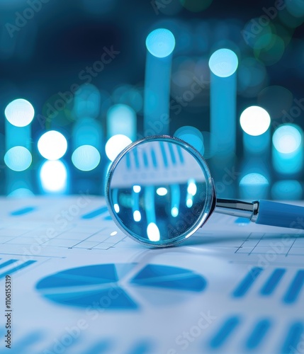 A magnifying glass focuses on data charts, surrounded by a blue hue, symbolizing analysis and clarity in financial or statistical information.