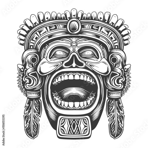 Monochromatic Illustration Of A Detailed Mayan Mask With Open Mouth And Feathers