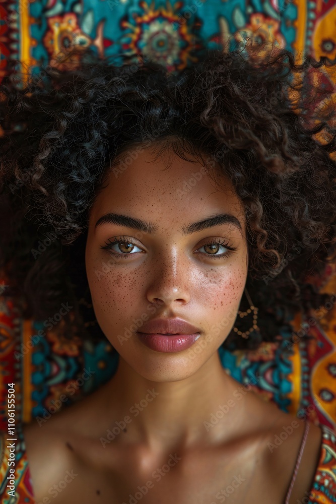 A young woman with curly hair and freckles looks directly into the camera, surrounded by an intricate, multi-colored patterned backdrop. Soft natural light enhances her features and expression A young woman with curly hair and freckles looks directly into the camera, surrounded by an intricate, multi-colored patterned backdrop. Soft natural light enhances her features and expression