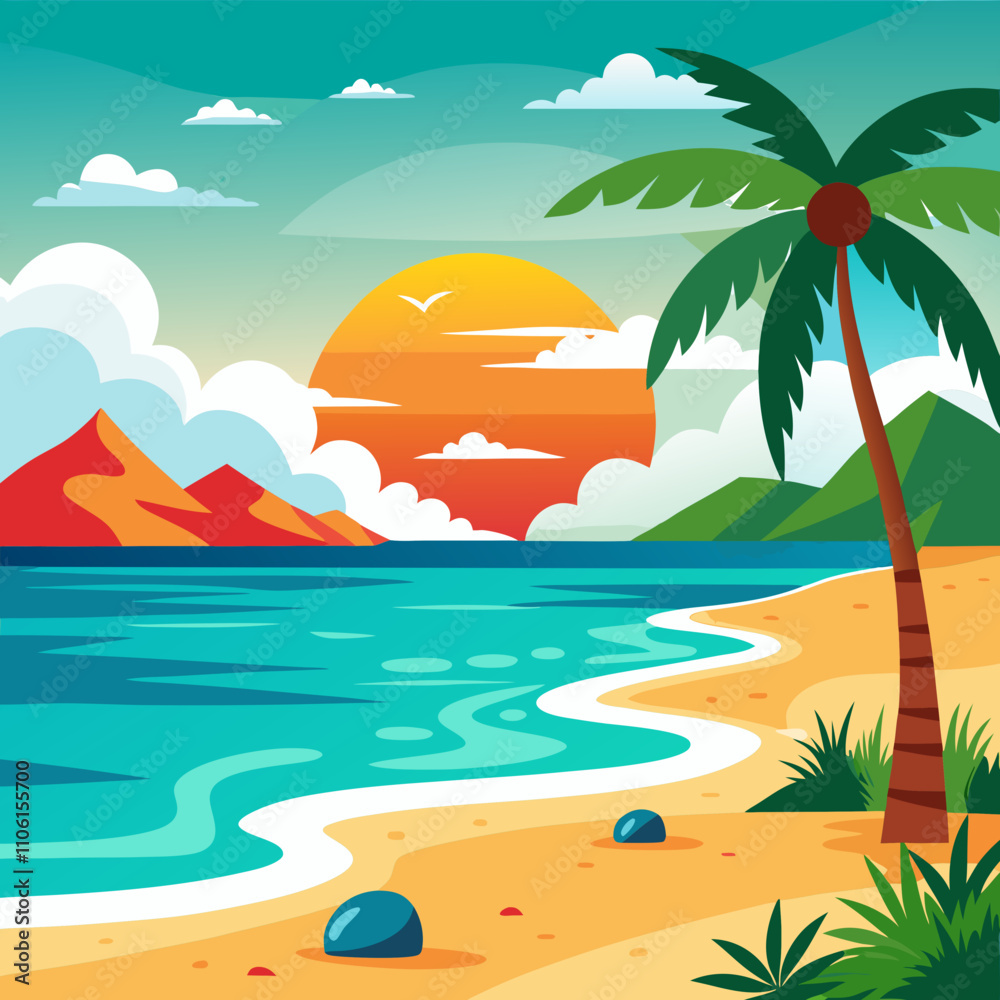 Obraz premium beach with palm trees vector illustration 