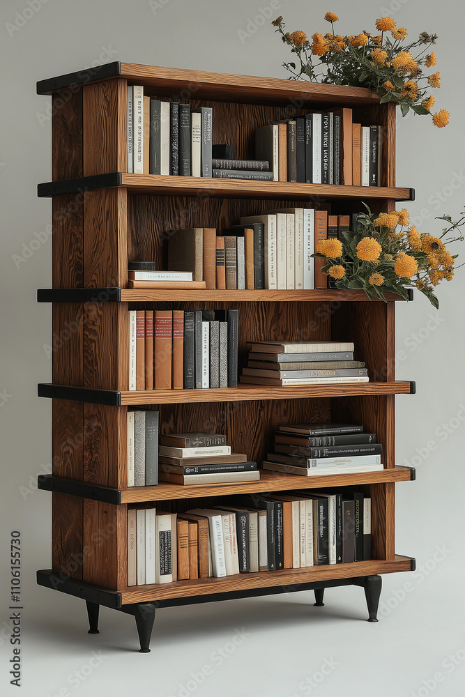 bibliothèque en bois de chêne naturel et cadre en métal noir, design industriel minimaliste, mobilier, décoration, objet 3D réaliste, HDR, photographie immobilière, décoration, tendance bibliothèque en bois de chêne naturel et cadre en métal noir, design industriel minimaliste, mobilier, décoration, objet 3D réaliste, HDR, photographie immobilière, décoration, tendance