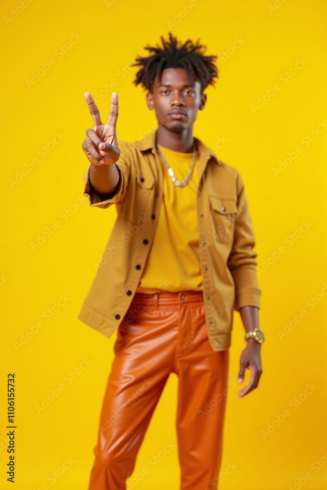 Vibrant fashion moment with peace sign against a sunny yellow backdrop showcasing unique style and confidence Vibrant fashion moment with peace sign against a sunny yellow backdrop showcasing unique style and confidence