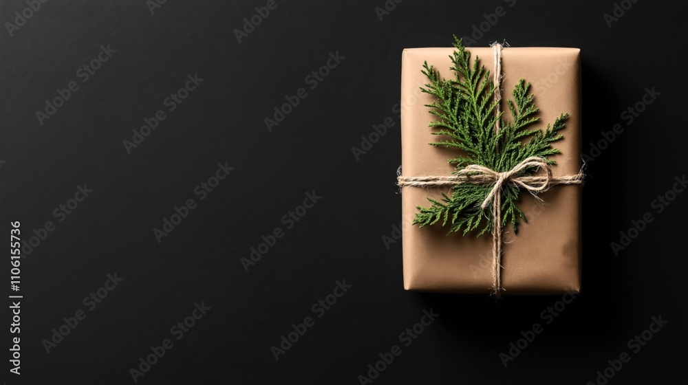 A neatly wrapped brown gift box decorated with green pine branches and twine against a dark background, showcasing minimalist and eco-friendly gift wrapping. A neatly wrapped brown gift box decorated with green pine branches and twine against a dark background, showcasing minimalist and eco-friendly gift wrapping.