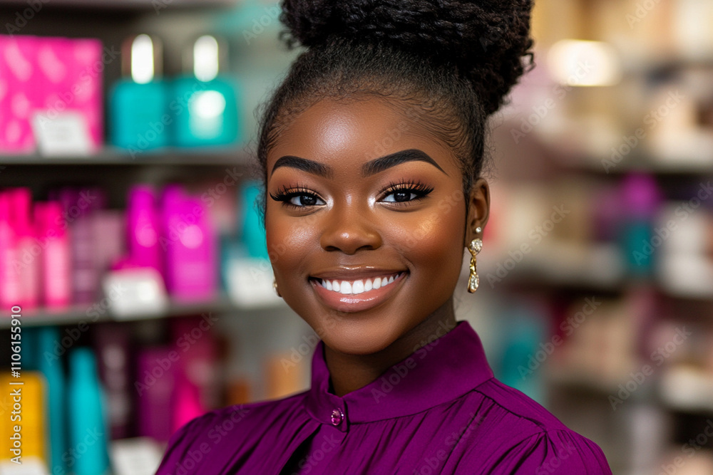 Happy African woman store consultant in a plum blouse, offering product advice in a cosmetic store. Copy space. Happy African woman store consultant in a plum blouse, offering product advice in a cosmetic store. Copy space.