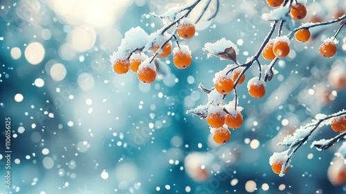 Close-up of snow-covered orange berries on frosted branches photo