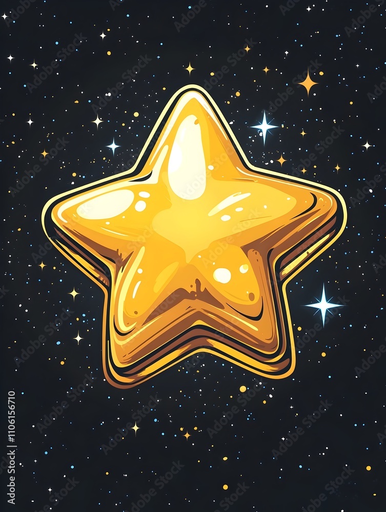 A bright, shiny golden star floats against a dark, starry background, radiating a sense of wonder and imagination. Perfect for themes of aspiration and achievement. A bright, shiny golden star floats against a dark, starry background, radiating a sense of wonder and imagination. Perfect for themes of aspiration and achievement.