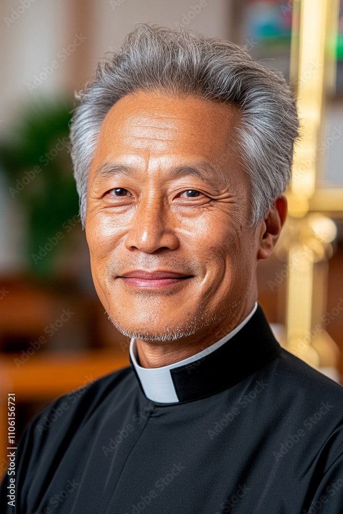 Mature Korean priest in clerical attire standing inside a church, with an altar behind him. Mature Korean priest in clerical attire standing inside a church, with an altar behind him.