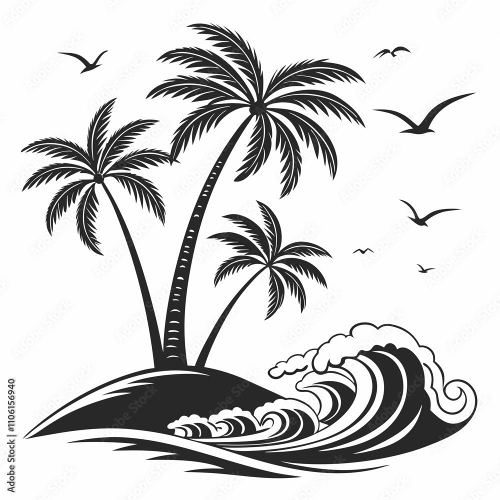 Fototapeta premium Tropical island palm trees and ocean waves vector silhouette 