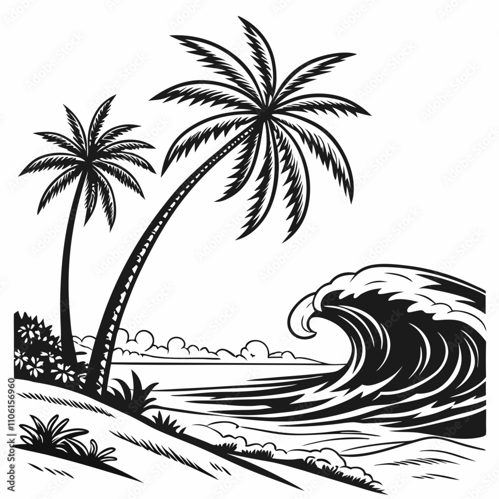 Tropical island palm trees and ocean waves vector silhouette Tropical island palm trees and ocean waves vector silhouette