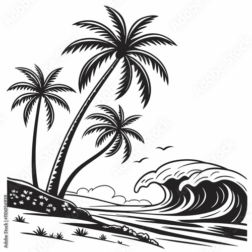 Tropical island palm trees and ocean waves vector silhouette 