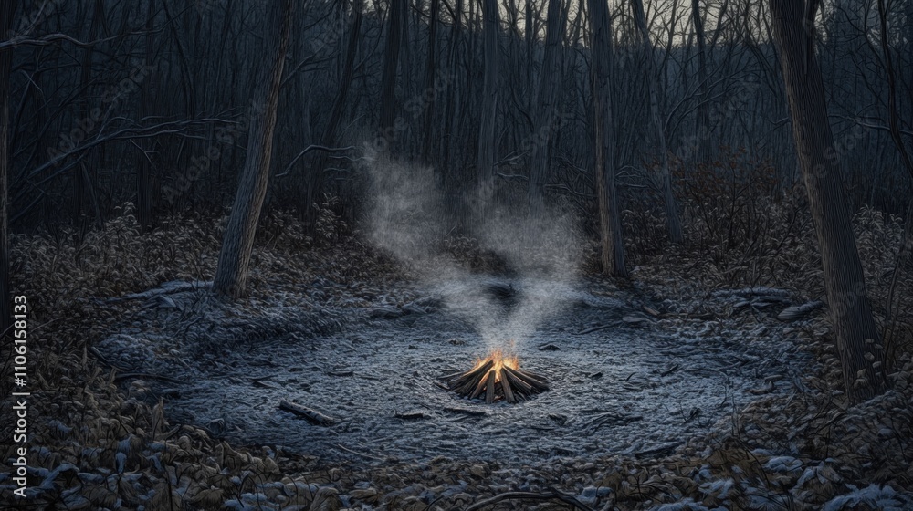 A small campfire burns in a dimly lit forest clearing surrounded by trees and fallen leaves. A small campfire burns in a dimly lit forest clearing surrounded by trees and fallen leaves.