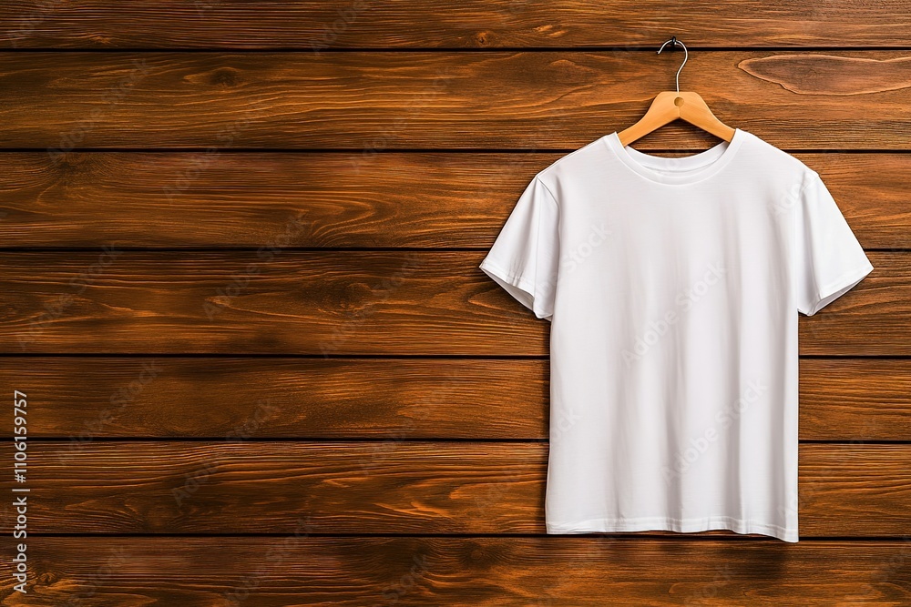 Plain white t-shirt on a wooden hanger displayed against a rustic wooden wall Plain white t-shirt on a wooden hanger displayed against a rustic wooden wall
