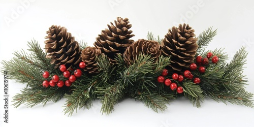 Pinecones nestled in a bed of greenery and red berries, styled for a classic holiday tabletop centerpiece
