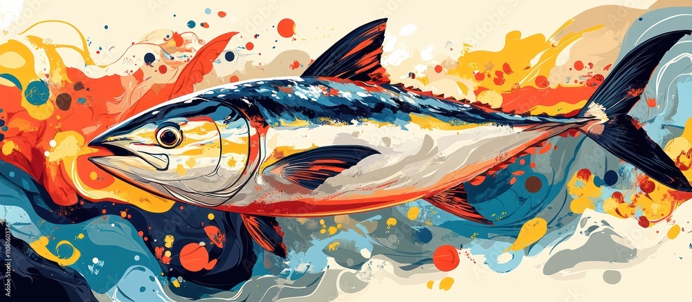 A colorful illustration of a tuna fish swimming in a vibrant abstract background. A colorful illustration of a tuna fish swimming in a vibrant abstract background.