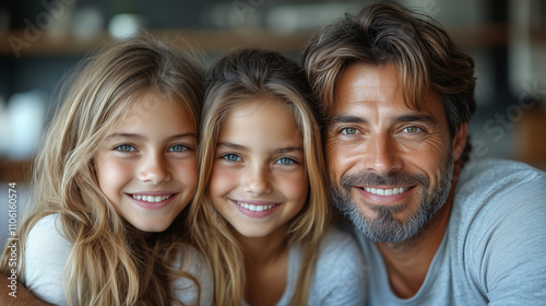 Smiling father enjoys quality time with two daughters at home in a cozy setting during the afternoon. Generative AI