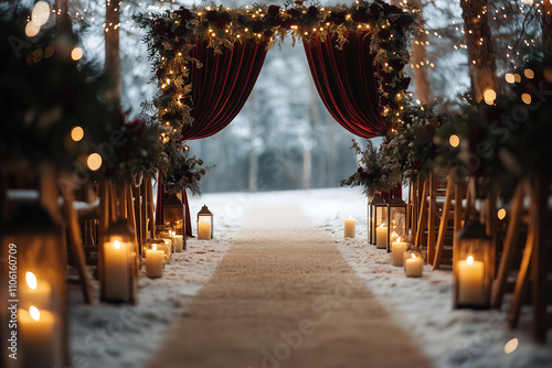 
A blurred outdoorwinter snowy wedding ceremony decor with an arch made of burgundy velvet curtains and lights, surrounded by wooden chairs decorated with evergreen and dark flowers  photo