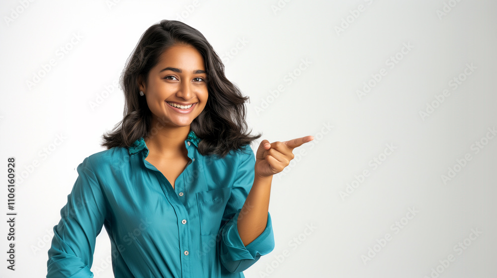 Image of a beautiful, smiling Indian woman posing and pointing her finger to the side. The image is blank, advertising, communication. Image of a beautiful, smiling Indian woman posing and pointing her finger to the side. The image is blank, advertising, communication.