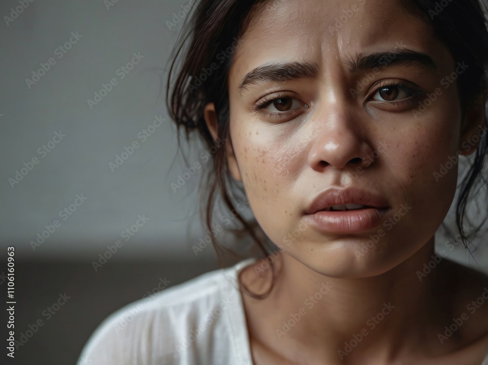 close up of woman with sad, anxious and scared expression. bad emotion, generative ai