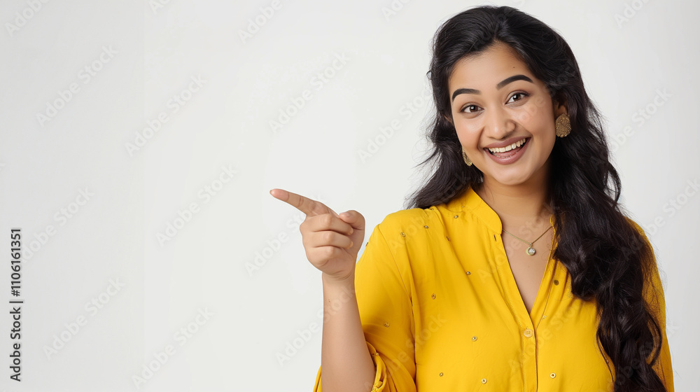 Image of a beautiful, smiling Indian woman posing and pointing her finger to the side. The image is blank, advertising, communication. Image of a beautiful, smiling Indian woman posing and pointing her finger to the side. The image is blank, advertising, communication.