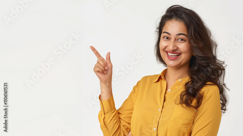 Image of a beautiful, smiling Indian woman posing and pointing her finger to the side. The image is blank, advertising, communication.