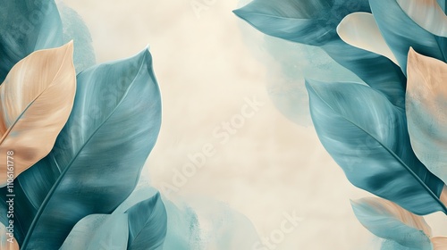 Wallpaper Mural Teal and Beige Tropical Leaves Abstract Art Torontodigital.ca