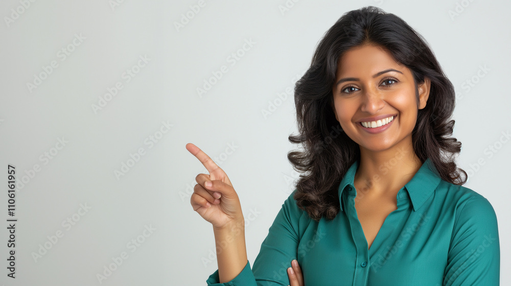 Image of a beautiful, smiling Indian woman posing and pointing her finger to the side. The image is blank, advertising, communication. Image of a beautiful, smiling Indian woman posing and pointing her finger to the side. The image is blank, advertising, communication.