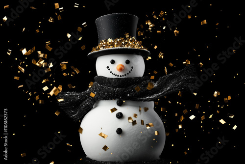 happy traditional christmas or new year snowman with a black scarf and black hat decorated with golden blurred confetti flying around, isolated on a black background photo