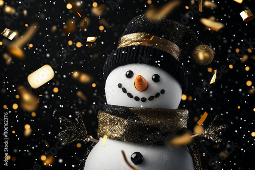 happy traditional christmas or new year snowman with a black scarf and black hat decorated with golden blurred confetti flying around, isolated on a black background photo