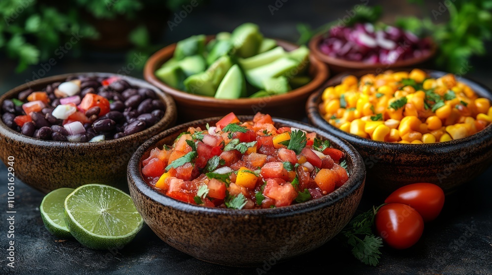 A delightful assortment of fresh vegetables and fruits laid out in rustic bowls, perfect for creating flavorful salsas and salads at a lively summer event A delightful assortment of fresh vegetables and fruits laid out in rustic bowls, perfect for creating flavorful salsas and salads at a lively summer event