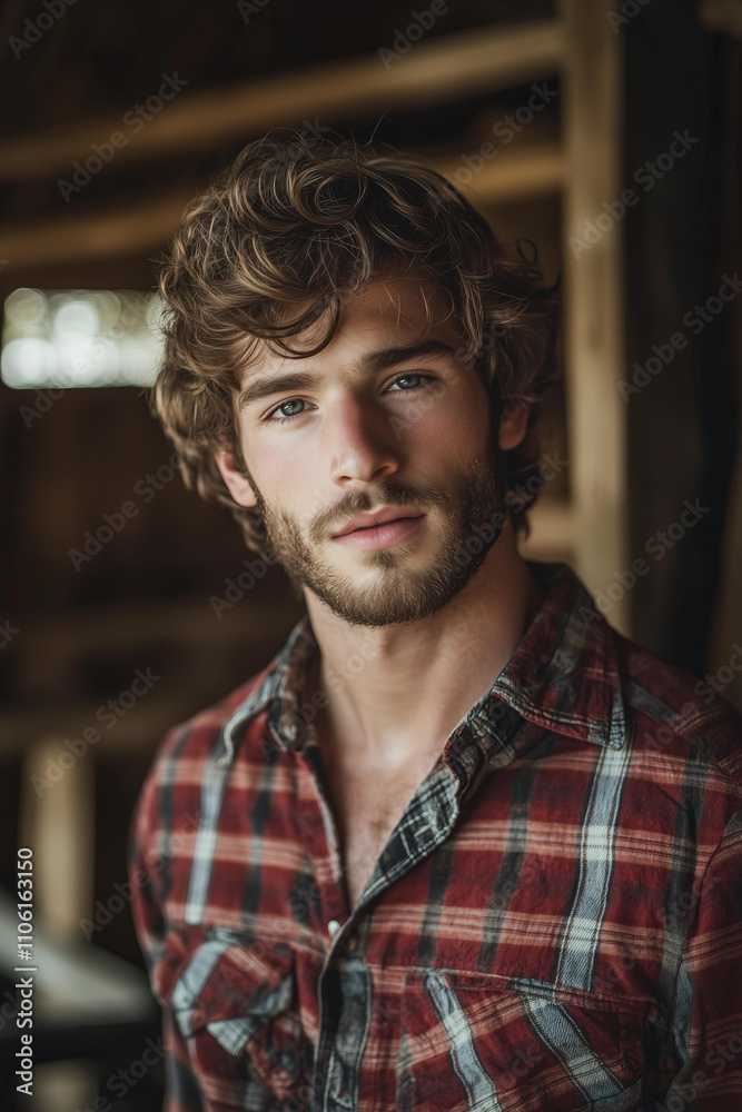 Portrait photo of a candid muscular young handsome man with wavy hair and a short beard, wearing flannel shirt, standing in a barn and looking at the camera. romantic book character Portrait photo of a candid muscular young handsome man with wavy hair and a short beard, wearing flannel shirt, standing in a barn and looking at the camera. romantic book character