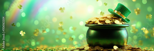 
traditional st patrick day cauldron full of golden coins, rainbow behind, green beer, leprechaun hat , blurred confetti flying around, isolated on a green background


