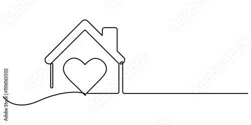 Heart inside house continuous one line drawn. Love home concept. Vector illustration isolated on white, Home Sweet Home Continuous Line Icon, Homeless Shelter, Sweet Home continuous line drawing.