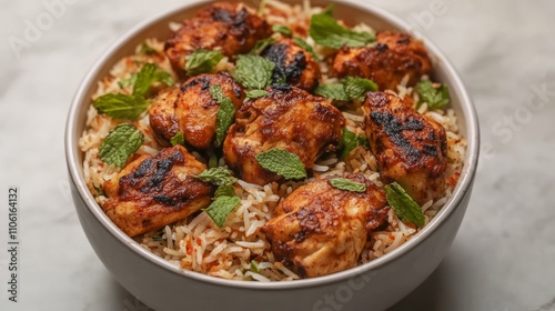 Grilled chicken pieces on seasoned rice, garnished with fresh mint leaves, served in a white bowl.