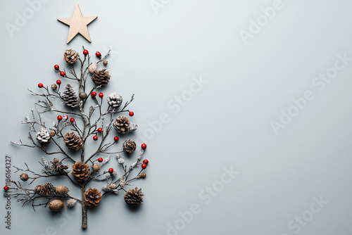 A creative Christmas tree made from various natural winter elements, such as pine cones, branches, and berries, arranged in a minimalistic New Year design. The layout is flat lay style, with ample spa photo