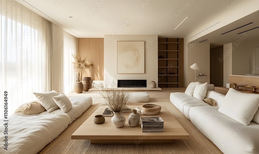 Fototapeta premium Scandinavian style home interior design of modern living room. Minimalist room with white furniture, fireplace, wooden accents and decorative branches in ceramic vase. 