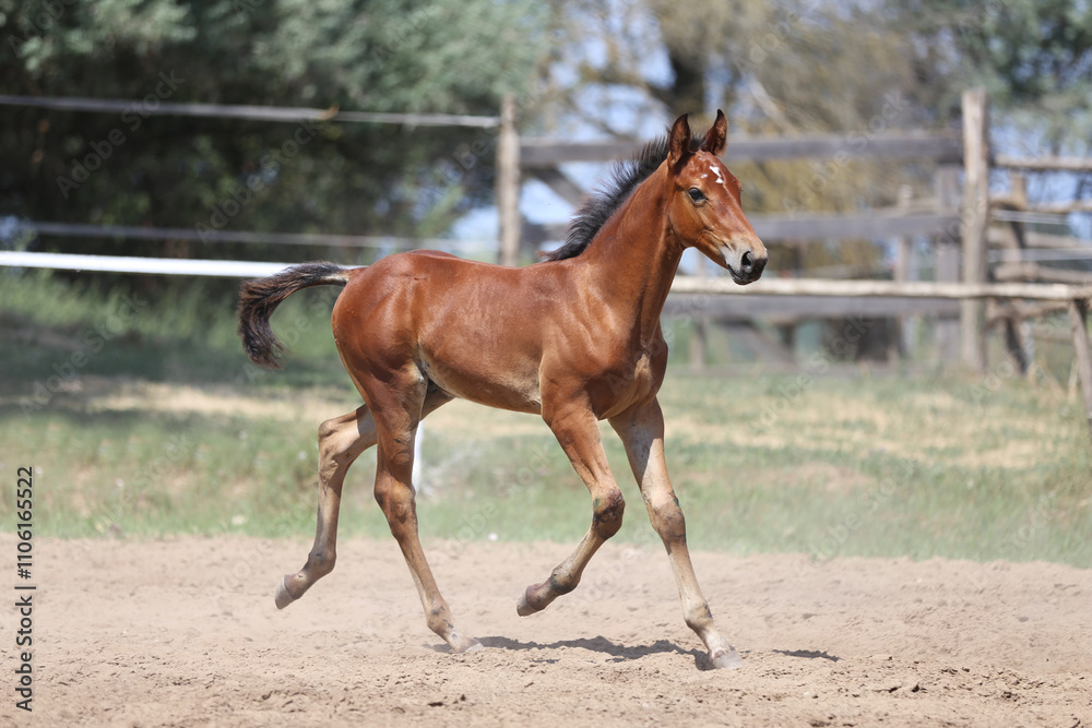 Few days old foal showing his skills on rural animal farm summertime. Very young horse live on beautiful environment Few days old foal showing his skills on rural animal farm summertime. Very young horse live on beautiful environment