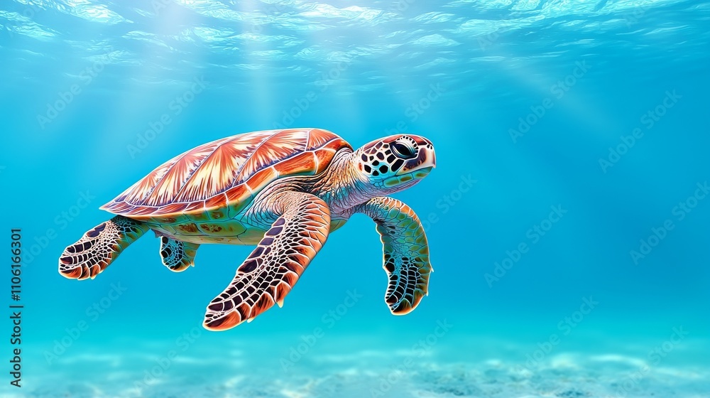 Fototapeta premium In the clear waters, a sea turtle swims gracefully near the ocean floor.