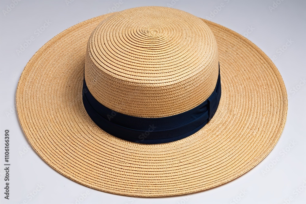 Elegant Straw Boater Hat Stylish Accessory on White Background Elegant Straw Boater Hat Stylish Accessory on White Background