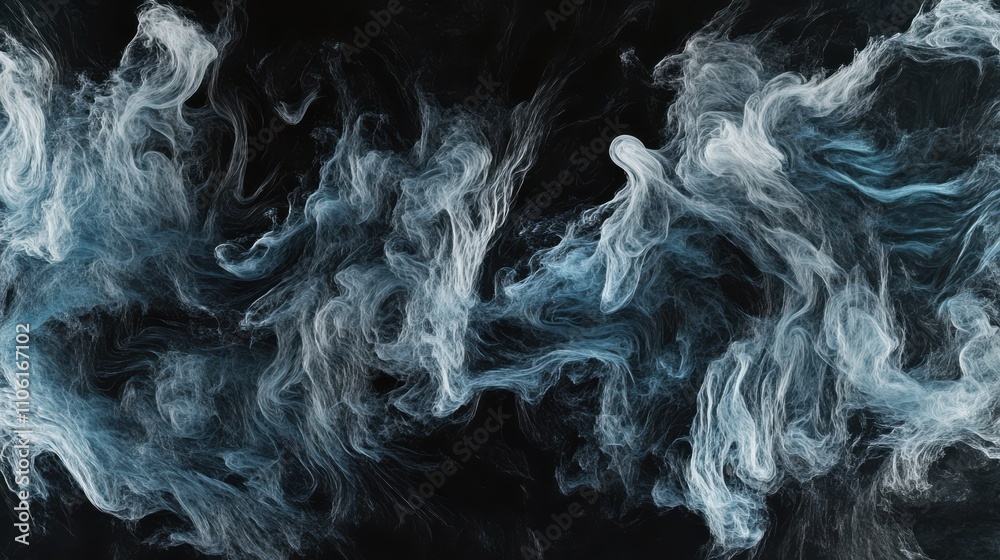 Obraz premium Delicate tendrils of blue and white smoke billow and twist against a black backdrop. The swirling patterns evoke a sense of movement and tranquility, captivating the viewer with its ethereal beauty.