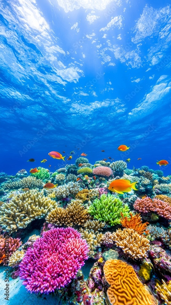 Naklejka premium An enchanting underwater vista featuring a thriving coral reef, diverse marine creatures, and pristine waters, emphasizing the significance of coral preservation and marine biodiversity.