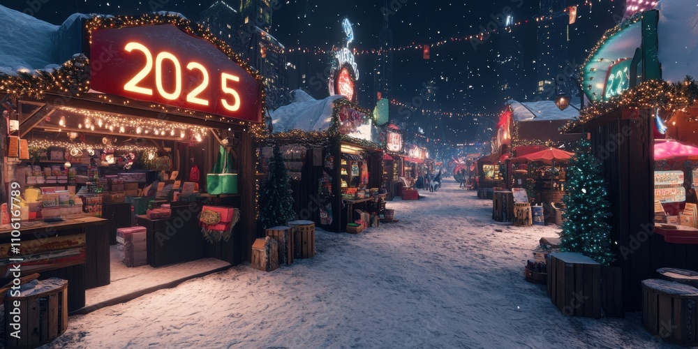 custom made wallpaper toronto digitalWintery New Year's Eve market with glowing stalls, signs, and festive energy