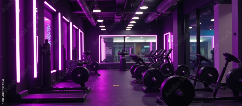 Modern industrial gym interior illuminated by vibrant purple neon lights showcases an effective workout area that seamlessly blends contemporary style Modern industrial gym interior illuminated by vibrant purple neon lights showcases an effective workout area that seamlessly blends contemporary style
