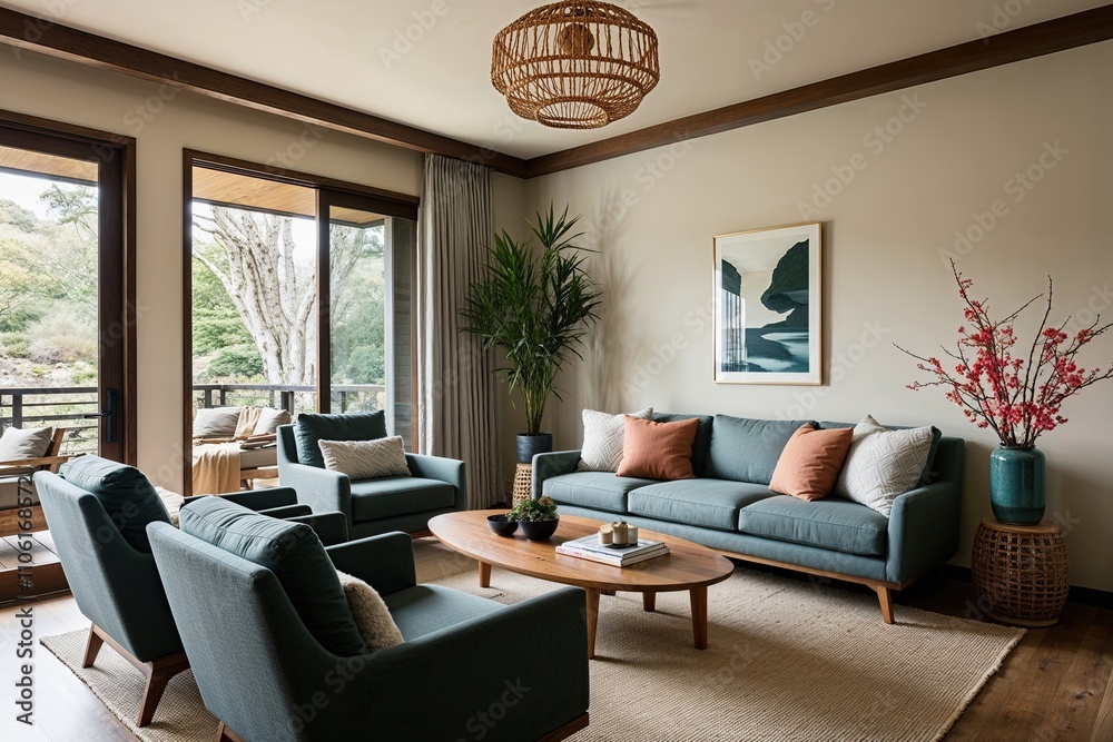 Fototapeta premium Japandi Modern Living Room Design with Comfortable Seating and Tranquil Decor