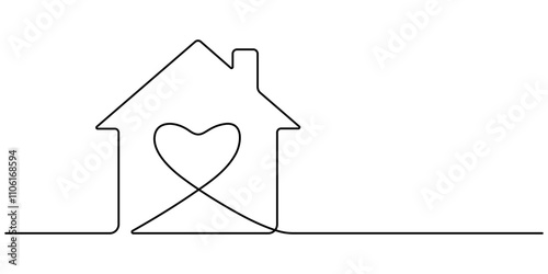 Heart inside house continuous one line drawn. Love home concept. Vector illustration isolated on white, Home Sweet Home Continuous Line Icon, Homeless Shelter, Sweet Home continuous line drawing.