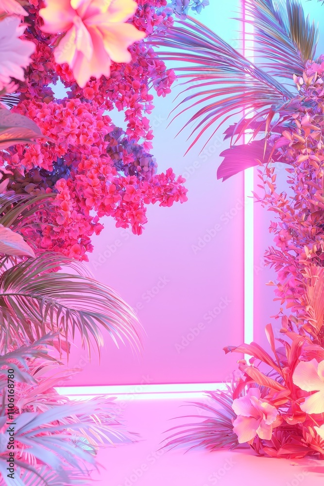 Obraz premium Vibrant floral display tropical setting decorative background neon lighting creative atmosphere nature-inspired aesthetic
